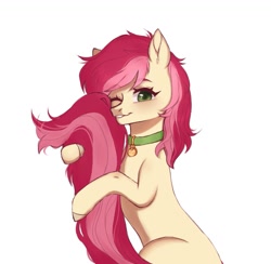 Size: 1359x1324 | Tagged: artist needed, safe, roseluck, earth pony, pony, g4, collar, commission, commissioner:doom9454, cute, hug, one eye closed, pet tag, pony pet, rosepet, simple background, solo, tail hug, white background