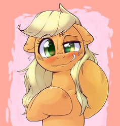 Size: 1668x1759 | Tagged: safe, artist:kurogewapony, applejack, earth pony, pony, g4, awkward smile, blushing, drunk, drunk aj, female, floppy ears, looking at you, loose hair, mare, smiling, solo, sweat, sweatdrop, wavy mouth