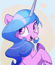Size: 1547x1832 | Tagged: safe, artist:nookprint, izzy moonbow, pony, unicorn, g5, bracelet, bust, colored hooves, cute, female, izzybetes, jewelry, looking at you, mare, open mouth, open smile, portrait, smiling, solo, stray strand, three quarter view, unshorn fetlocks