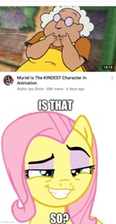 Size: 500x960 | Tagged: safe, fluttershy, human, pegasus, pony, g4, courage the cowardly dog, element of kindness, female, is that so, mare, meme, muriel bagge, smugshy, vulgar description