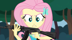 Size: 1280x720 | Tagged: safe, artist:edy_january, edit, edited screencap, screencap, vector edit, fluttershy, equestria girls, g4, my little pony equestria girls: better together, stressed in show, stressed in show: fluttershy, ak-74m, angry, assault rifle, call of duty, gun, hunter, hunting, rifle, solo, vector, weapon