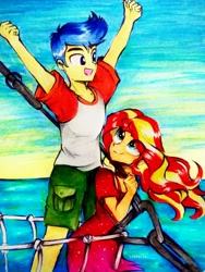 Size: 2256x3008 | Tagged: safe, artist:liaaqila, flash sentry, sunset shimmer, equestria girls, equestria girls series, g4, spring breakdown, spoiler:eqg series (season 2), female, high res, i'm the king of the world, male, reference, ship:flashimmer, shipping, straight, titanic, traditional art