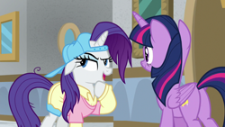 Size: 1920x1080 | Tagged: safe, screencap, rarity, twilight sparkle, alicorn, pony, unicorn, friendship university, g4, alternate hairstyle, backwards ballcap, baseball cap, butt, cap, clothes, disguise, female, hat, mare, plainity, plot, twibutt, twilight sparkle (alicorn)