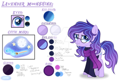 Size: 1280x853 | Tagged: safe, artist:purplepotato04, oc, oc only, oc:lavender moonshine, earth pony, pony, clothes, female, glasses, mare, reference sheet, scarf, simple background, solo, transparent background