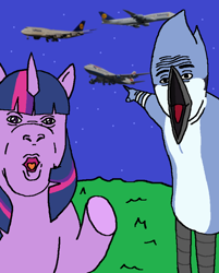 Size: 640x797 | Tagged: safe, artist:sir5000, twilight sparkle, bird, blue jay, pony, unicorn, g4, :o, abomination, aeroplanes and meteor showers, airplanes (song), boeing, boeing 747, boeing 747-8, british airways, crossing the memes, crossover, crossover shipping, faic, female, funny, funny as hell, lufthansa, male, meme, mordecai, mordetwi, open mouth, plane, pointing, ponified meme, regular show, shipping, soyboy, soyjak, soyjaks pointing, straight, stylistic suck, unicorn twilight, wojak