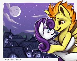 Size: 2560x2048 | Tagged: safe, artist:miramore, rarity, spitfire, pegasus, pony, unicorn, g4, 2021, border, cloud, crack shipping, cute, fanfic, female, flying, high res, horn, lantern, lesbian, moon, night, passepartout, ponyville, rarifire, romantic, shipping, signature, stars, town, white outline, wings