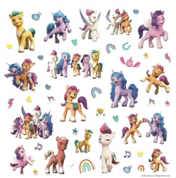 Size: 1559x1577 | Tagged: safe, hitch trailblazer, izzy moonbow, pipp petals, sprout cloverleaf, sunny starscout, zipp storm, earth pony, pegasus, pony, unicorn, g5, my little pony: a new generation, cutie mark, female, male, mane five, mare, rainbow, scan, simple background, stallion, stars, sticker, text, white background