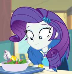 Size: 1360x1412 | Tagged: safe, screencap, rarity, best trends forever, equestria girls, equestria girls series, g4, best trends forever: twilight sparkle, cropped, female, food, geode of shielding, magical geodes, rarity looking at food, rarity peplum dress, salad, solo