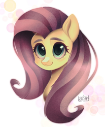 Size: 1210x1463 | Tagged: safe, artist:llazyart, fluttershy, pony, g4, abstract background, blushing, bust, eyebrows, female, mare, portrait, smiling, solo, three quarter view