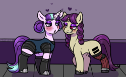 Size: 1971x1218 | Tagged: safe, artist:sexygoatgod, starlight glimmer, oc, oc:banshee bye, pony, unicorn, g4, amputee, blushing, broken horn, canon x oc, clothes, duo, equal cutie mark, female, floating heart, grin, heart, horn, lesbian, prosthetic leg, prosthetic limb, prosthetics, smiling, uniform