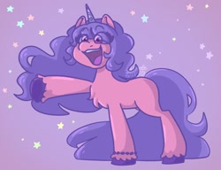 Size: 1500x1150 | Tagged: safe, artist:xsaki__chanx, izzy moonbow, pony, unicorn, g5, bracelet, chest fluff, cute, izzybetes, jewelry, open mouth, purple background, simple background, solo, stars, unshorn fetlocks