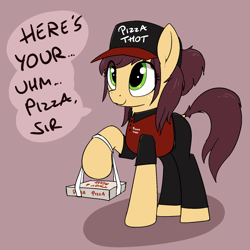 Size: 1648x1650 | Tagged: safe, artist:whiskeypanda, oc, oc only, earth pony, pony, clothes, delivery pony, eye clipping through hair, female, food, mare, pizza, pizza box, requested art, simple background, solo, text, uniform
