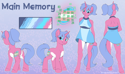 Size: 5302x3149 | Tagged: safe, artist:breloomsgarden, oc, oc:main memory, pony, unicorn, anthro, unguligrade anthro, clothes, cutie mark, dress, female, front view, pride, pride flag, rear view, reference sheet, signature, trans female, transgender, transgender pride flag