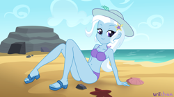 Size: 3832x2152 | Tagged: safe, artist:unichan, trixie, starfish, equestria girls, g4, beach, bedroom eyes, belly button, bikini, bikini bottom, bikini top, clothes, commission, feet, female, hat, high res, jewelry, ocean, piercing, rock, sandals, seashell, show accurate, sitting, sleeveless, solo, sun hat, swimsuit, water, ych result