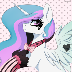 Size: 2200x2200 | Tagged: safe, artist:cottonaime, princess celestia, alicorn, pony, g4, bowtie, female, goth, high res, looking at you, ponymania, punklestia, solo, spread wings, wings