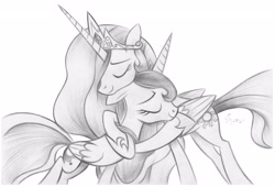 Size: 4096x2792 | Tagged: dead source, safe, artist:fladdrarblyg, princess celestia, princess luna, alicorn, pony, g4, eyes closed, floppy ears, happy, hug, royal sisters, siblings, sisters, smiling, traditional art