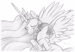 Size: 4096x2846 | Tagged: dead source, safe, artist:fladdrarblyg, princess celestia, twilight sparkle, alicorn, pony, g4, cute, cutelestia, eyes closed, hug, spread wings, traditional art, twiabetes, wings