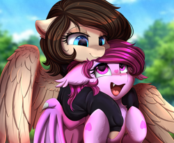 Size: 3215x2640 | Tagged: safe, artist:pridark, oc, oc only, bat pony, pegasus, pony, bat pony oc, bust, commission, cute, duo, high res, hug, looking at each other, ocbetes, open mouth, portrait, smiling