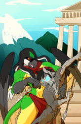 Size: 1158x1766 | Tagged: source needed, safe, artist:redxbacon, oc, oc only, oc:garland, oc:gorgos, gorgon, griffon, hybrid, zebra, anthro, clothes, cloud, loincloth, mountain, petrification, pillar, sky, spear, stairs, torn clothes, weapon