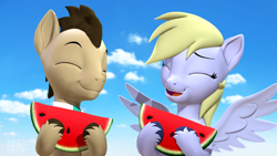 Size: 3840x2160 | Tagged: safe, artist:owlpirate, derpy hooves, doctor whooves, time turner, earth pony, pegasus, pony, g4, 3d, cloud, eyes closed, food, fruit, herbivore, high res, open mouth, sky, source filmmaker, watermelon