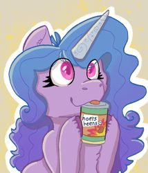 Size: 1027x1200 | Tagged: safe, artist:apatheticxaddict, izzy moonbow, pony, unicorn, g5, my little pony: a new generation, :p, beans, canned food, colored pupils, eye clipping through hair, female, food, izzy's beans, mare, solo, that pony sure does love beans, tongue out, unshorn fetlocks