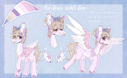 Size: 2931x1796 | Tagged: safe, artist:hoochuu, oc, oc only, oc:beatrice violet star, pegasus, pony, bow, hair bow, pegasus oc, reference sheet