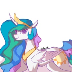 Size: 1280x1280 | Tagged: safe, artist:candy_5756, princess celestia, alicorn, pony, g4, colored pupils, female, looking at you, mare, profile, signature, simple background, smiling, solo, white background