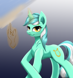 Size: 1750x1860 | Tagged: safe, artist:guatergau5, lyra heartstrings, pony, unicorn, g4, glowing horn, hand, horn, magic, magic hands, solo