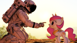 Size: 1920x1080 | Tagged: safe, artist:backmaker, princess celestia, alicorn, human, pony, g4, 3d, astronaut, cewestia, duo, female, filly, imminent boop, open mouth, pink-mane celestia, source filmmaker, spacesuit, younger