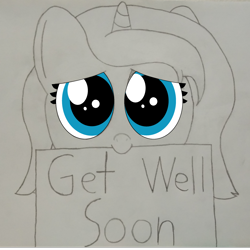 Size: 2100x2100 | Tagged: safe, artist:theunidentifiedchangeling, princess luna, alicorn, pony, g4, cute, dilated pupils, female, filly, filly luna, foal, get well soon, high res, holding, horn, looking at you, positive message, positive ponies, smiling, smiling at you, solo, wip, woona, younger