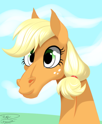 Size: 4801x5830 | Tagged: safe, artist:skunk bunk, applejack, earth pony, pony, g4, bust, cloud, female, freckles, hoers, portrait, sky, smiling, solo