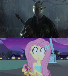 Size: 1280x1436 | Tagged: safe, fluttershy, equestria girls, g4, my little pony equestria girls, bare shoulders, friday the 13th, jason voorhees, meme, sleeveless, strapless