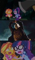 Size: 1116x1940 | Tagged: safe, sci-twi, sunset shimmer, twilight sparkle, equestria girls, g4, my little pony equestria girls: legend of everfree, friday the 13th, jason voorhees, meme, this will end in death