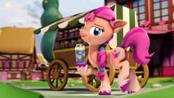 Size: 3840x2160 | Tagged: safe, artist:psfmer, sunny starscout, earth pony, pony, g4, g5, 3d, :p, butt, female, g5 to g4, generation leap, high res, hoof hold, mare, milkshake, plot, solo, source filmmaker, tongue out