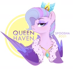Size: 1630x1532 | Tagged: safe, artist:spoosha, queen haven, pegasus, pony, g5, abstract background, crown, female, jewelry, looking at you, mare, necklace, regalia, simple background, solo, text