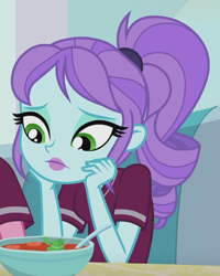 Size: 574x716 | Tagged: safe, screencap, crystal lullaby, equestria girls, g4, my little pony equestria girls: better together, pinkie pie: snack psychic, bowl, cropped, female, food, lipstick, solo, soup