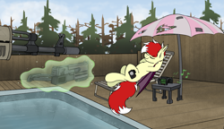 Size: 2947x1699 | Tagged: safe, artist:aaathebap, oc, oc only, oc:aaaaaaaaaaa, bat pony, pony, fallout equestria, bat pony oc, beach chair, chair, forest, forest background, gun, levitation, lounging, lying down, magic, male, male oc, on back, pipbuck, pony oc, poolside, stallion, stallion oc, telekinesis, weapon