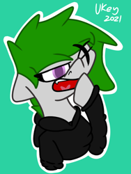 Size: 768x1024 | Tagged: safe, artist:ukedideka, oc, oc only, oc:quizzical aphre, pony, clothes, eye clipping through hair, female, floppy ears, heart tongue, hoodie, one eye closed, open mouth, sharp teeth, simple background, sleepy, solo, species:abstract, teeth, yawn