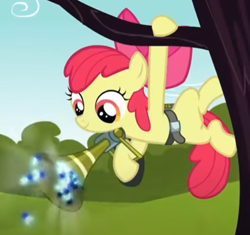 Size: 531x500 | Tagged: safe, screencap, apple bloom, earth pony, pony, twittermite, bloom & gloom, g4, cropped, hanging, pest pony, smiling, solo
