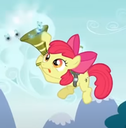 Size: 440x446 | Tagged: safe, screencap, apple bloom, earth pony, pony, twittermite, bloom & gloom, g4, cropped, midair, pest pony, solo, tongue out