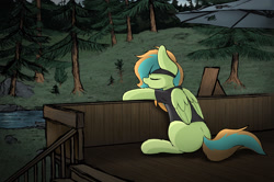 Size: 3000x1992 | Tagged: safe, artist:aaathebap, oc, oc only, oc:kiwi, pegasus, pony, fallout equestria, detailed background, fallout, fanfic, forest, river, sleeping, solo