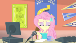 Size: 3410x1920 | Tagged: safe, screencap, fluttershy, equestria girls, equestria girls series, fluttershy's butterflies, g4, computer, eyes closed, female, fluttershy's butterflies: rainbow dash, geode of fauna, hairpin, jewelry, magical geodes, microphone, mug, necklace, solo