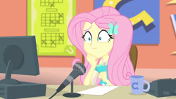 Size: 3410x1920 | Tagged: safe, screencap, fluttershy, equestria girls, equestria girls series, fluttershy's butterflies, g4, computer, cute, female, fluttershy's butterflies: rainbow dash, geode of fauna, hairpin, jewelry, magical geodes, microphone, mug, necklace, shyabetes, smiling, solo