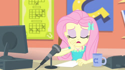 Size: 3410x1920 | Tagged: safe, screencap, fluttershy, equestria girls, equestria girls series, fluttershy's butterflies, g4, computer, eyes closed, female, fluttershy's butterflies: rainbow dash, geode of fauna, hairpin, jewelry, magical geodes, microphone, mug, necklace, open mouth, solo