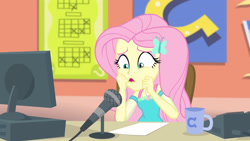Size: 3410x1920 | Tagged: safe, screencap, fluttershy, equestria girls, equestria girls series, fluttershy's butterflies, g4, computer, female, fluttershy's butterflies: rainbow dash, geode of fauna, hairpin, jewelry, magical geodes, microphone, mug, necklace, open mouth, solo