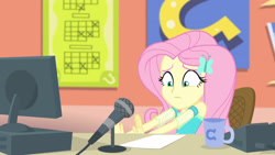 Size: 3410x1920 | Tagged: safe, screencap, fluttershy, equestria girls, equestria girls series, fluttershy's butterflies, g4, computer, female, fluttershy's butterflies: rainbow dash, geode of fauna, hairpin, jewelry, magical geodes, microphone, mug, necklace, solo
