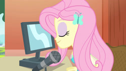 Size: 3410x1920 | Tagged: safe, screencap, fluttershy, equestria girls, equestria girls series, fluttershy's butterflies, g4, computer, eyes closed, female, fluttershy's butterflies: rainbow dash, geode of fauna, hairpin, jewelry, magical geodes, microphone, necklace, smiling, solo