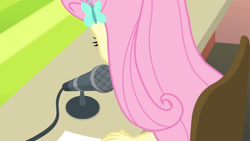 Size: 3410x1920 | Tagged: safe, screencap, fluttershy, equestria girls, fluttershy's butterflies, fluttershy's butterflies: rainbow dash, g4, my little pony equestria girls: better together, faceless female, female, hairpin, microphone, offscreen character, solo