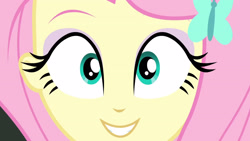 Size: 3410x1920 | Tagged: safe, screencap, fluttershy, equestria girls, fluttershy's butterflies, fluttershy's butterflies: rainbow dash, g4, my little pony equestria girls: better together, close-up, cute, female, hairpin, shyabetes, smiling, solo