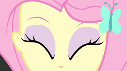 Size: 3410x1920 | Tagged: safe, screencap, fluttershy, equestria girls, equestria girls series, fluttershy's butterflies, g4, close-up, cute, eyes closed, female, fluttershy's butterflies: rainbow dash, hairpin, shyabetes, solo